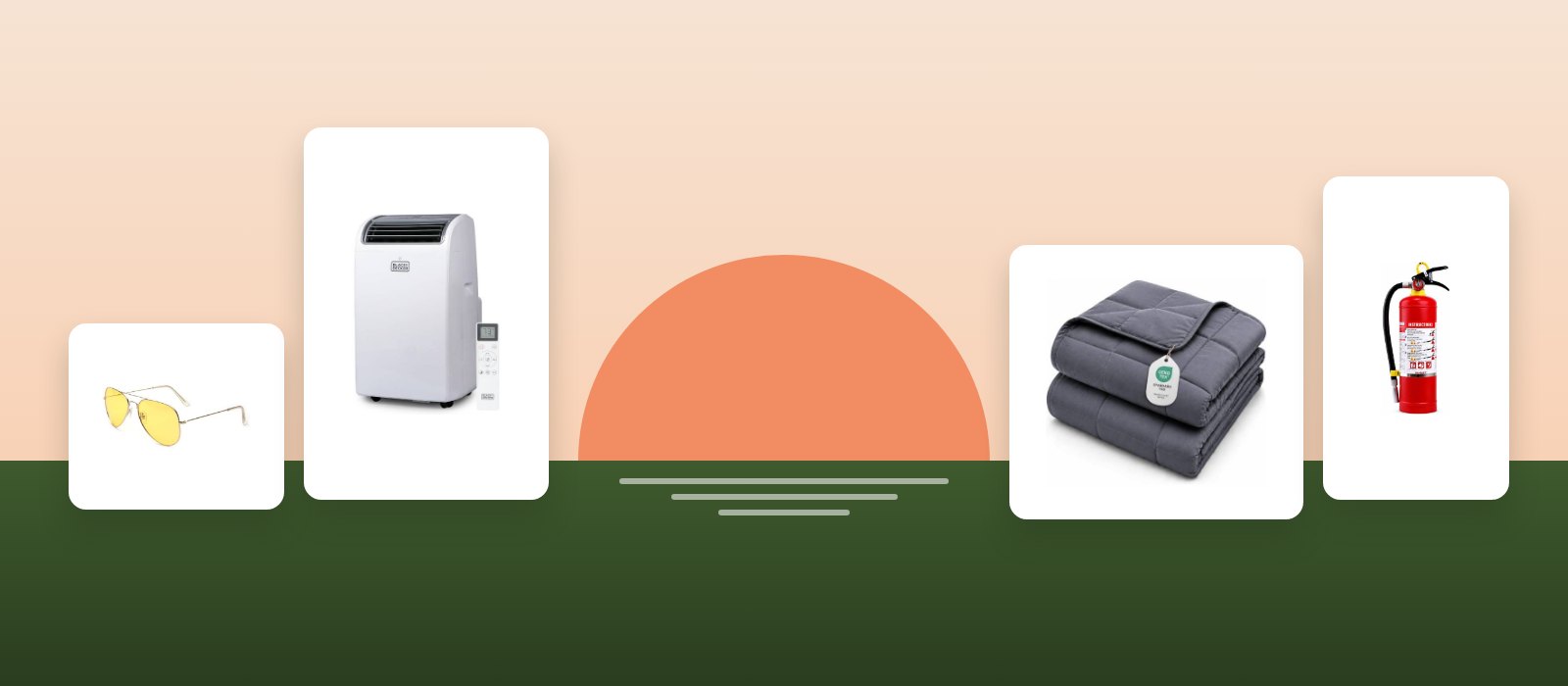 Store products standing on a green horizon under a setting sun